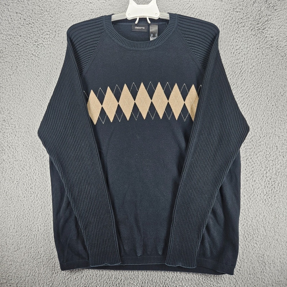 Claiborne Mens XL Navy Blue Argyle Cotton Crewneck Sweater Ribbed Sleeve